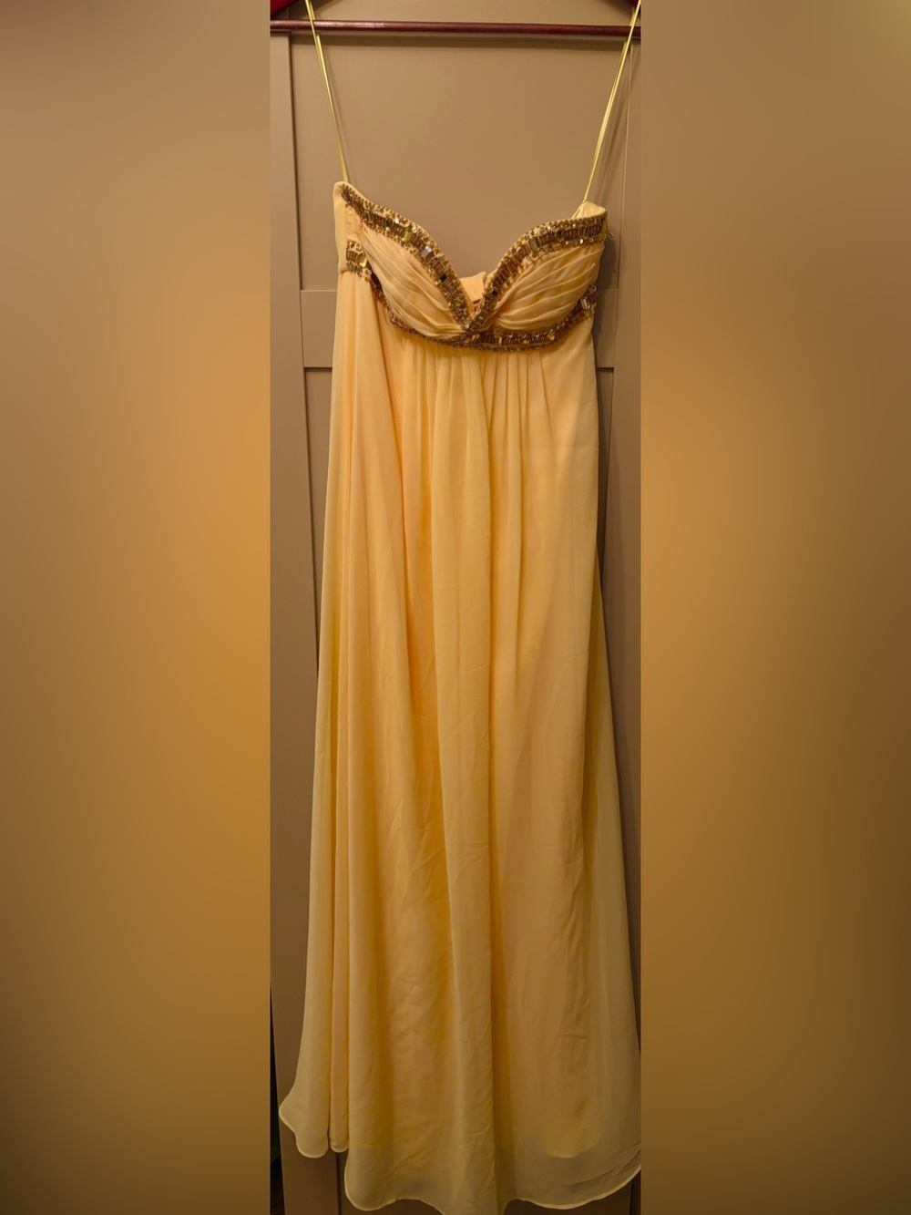 Cache Pale Yellow Beaded Strapless Maxi Dress